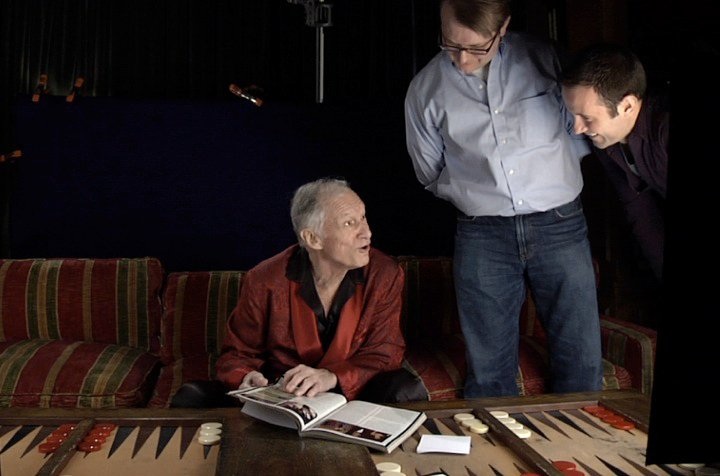 Behind-the-scenes, Hugh Hefner with filmmakers Luke Poling (Center) and Tom Bean (Photo: Laemmle Zeller Films)